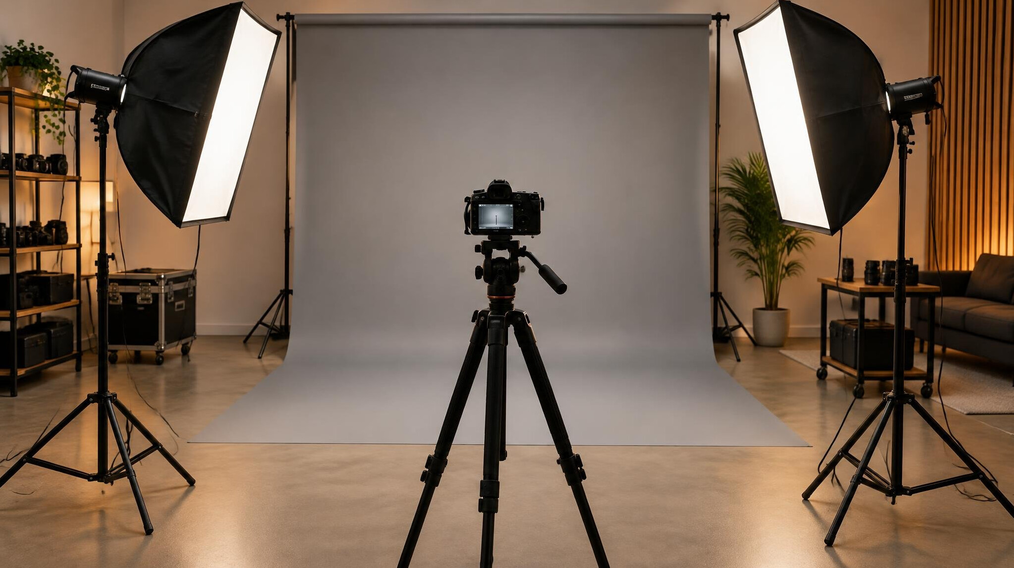 Professional photography studio with softbox lights and backdrop